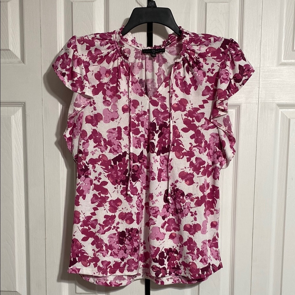 Fred David pink & white floral top shirt blouse size LARGE